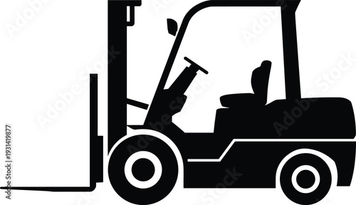 Black and white silhouette of a forklift with a driver in the cab