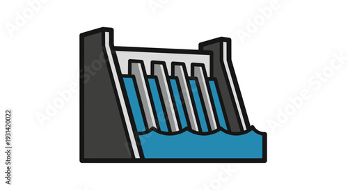 Illustration of a dam with water flowing through vertical gates, depicted in a simple graphic style with blue water and gray gates against a black and white background.
