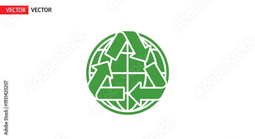 A green vector illustration of a globe made from recycling symbols on a white background with a focus on environmental conservation.