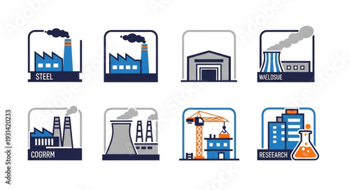Set of industrial factory icons with different buildings and structures.