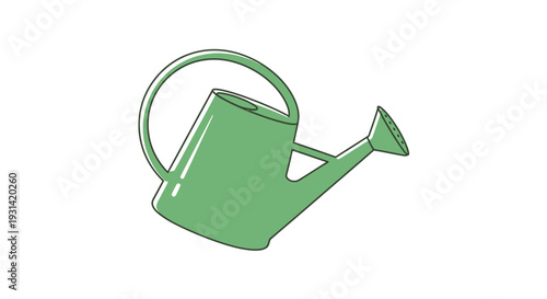 A simple green watering can with a long spout and handle on a white background in a minimalist flat illustration style.