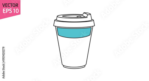 Vector illustration of a disposable coffee cup with a blue sleeve and black outline on a white background.
