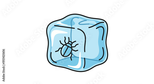 A simple illustration of a mosquito trapped inside a light blue ice cube on a white background.