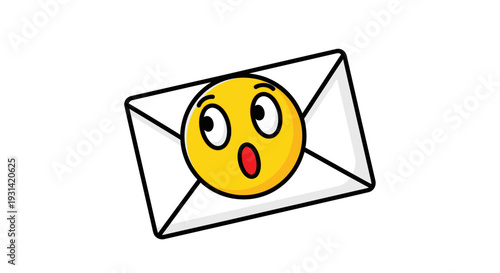 A surprised cartoon head mascot peeking out of an open white envelope on a plain background, with a comical expression and a mix of black outlines and bright yellow tones.