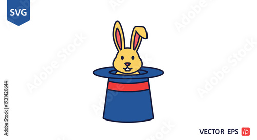 A cheerful cartoon rabbit emerges from a blue top hat with a red band on a plain white background, creating a whimsical head mascot for magic or entertainment purposes.