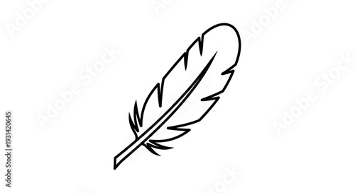 A simple black line drawing of a head mascot in the form of a feather on a white background.