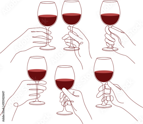 Six hands holding wine glasses with red wine in different positions gesture