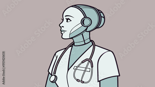 AI robot doctor with stethoscope looking to the side.