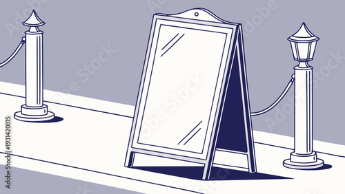 Blank Aframe sign on sidewalk with stanchions and lampposts.