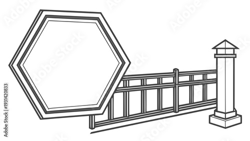 Blank Hexagonal Sign on a Fence Post Line Art.