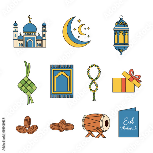 Islamic celebration icons Eid Mubarak Ramadan elements mosque lantern prayer mat dates gift