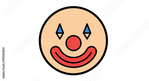A cartoonish head mascot with a painted-on smile and teardrops on a white background with a comedic and playful mood.