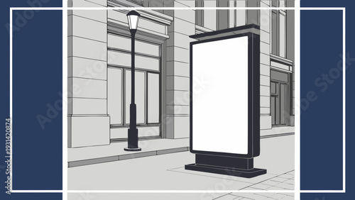 Blank Outdoor Advertising Billboard on City Street with Building and Lamppost.