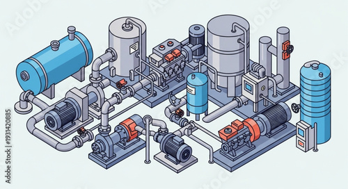 Industrial machinery and equipment complex for manufacturing processes.