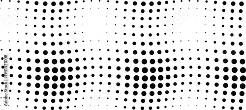 A dynamic black and white halftone pattern features an irregular wave of expanding and contracting black dots