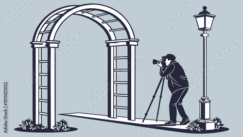 Photographer capturing an outdoor scene with an archway and lamppost.