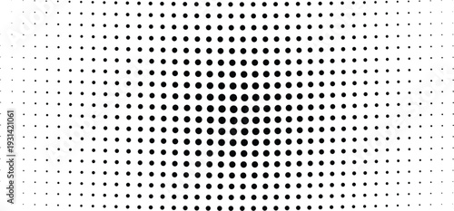 A monochromatic halftone pattern showcases black dots gradually expanding in size in its central vertical column