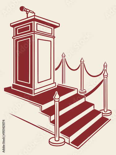 Podium with Microphone and RopedOff Stairs for Public Speaking Event.