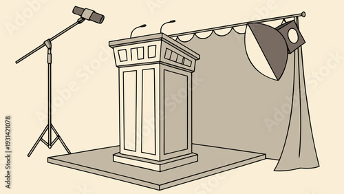 Podium with Microphone and Stage Lighting Setup.
