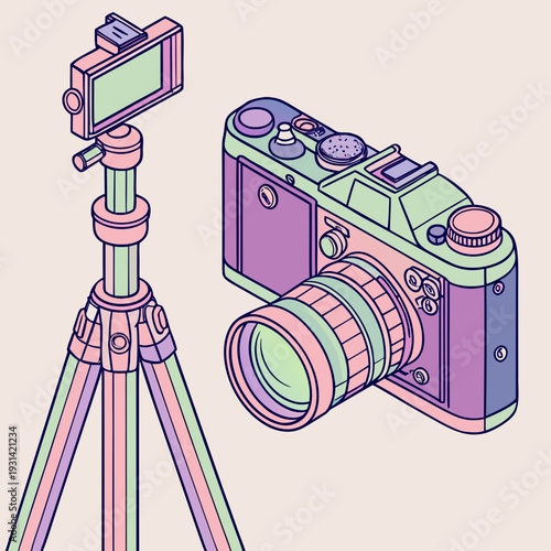 Retro Camera and Smartphone Tripod Setup for Modern Photography.