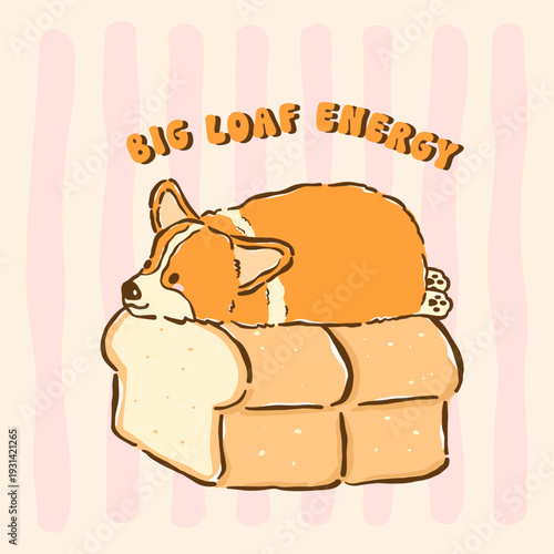 Cute kawaii corgi sploot on loaf bread whimsical hand drawn cartoon doodle