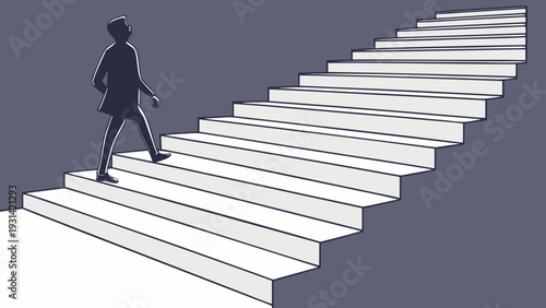 Silhouette of a man climbing a long staircase towards success.