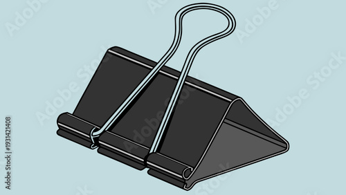 Single black binder clip on a light blue background.