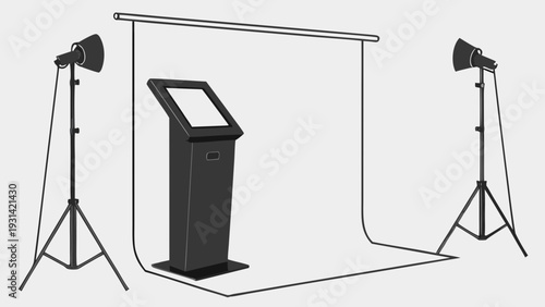 Studio Setup with Kiosk and Lighting Equipment.
