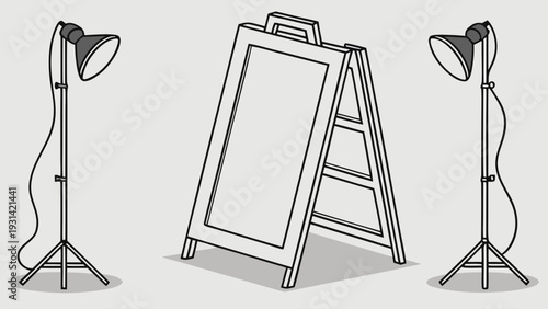 Studio lighting and an Aframe sign ready for a photoshoot or display.