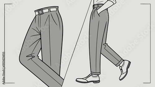 Stylish mens trousers in two different poses showcasing fashion and apparel design.