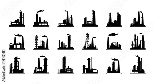 Collection of Industrial Factory Silhouettes with Smoke Stacks.