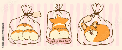 Kawaii corgi loaf bread in clear bag set whimsical hand drawn cartoon doodle