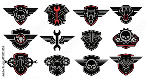 Collection of Industrial Emblems with Skulls and Tools.
