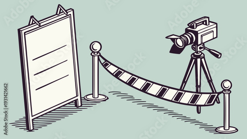 Video Camera and Stanchion with Rope Barrier and Blank Sign.