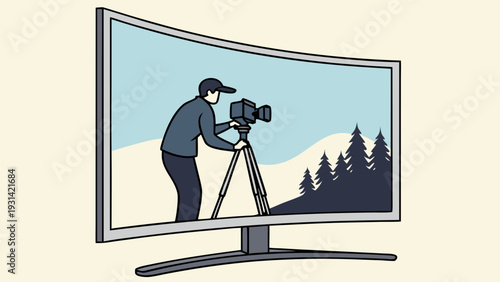Videographer filming nature scene on curved monitor.