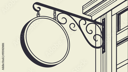 Vintage Blank Round Signboard Hanging on Ornate Wrought Iron Bracket.