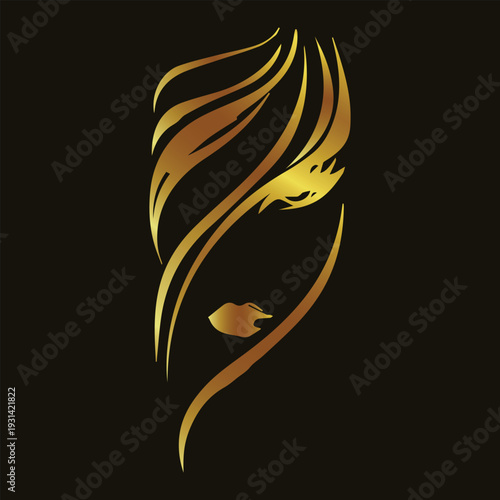 Golden woman face. Beauty silhouette. Luxury cosmetics. Elegant hair art. Fashion vector. Metallic portrait. Minimalist style. Salon decoration. Feminine icon. Gold on black.
