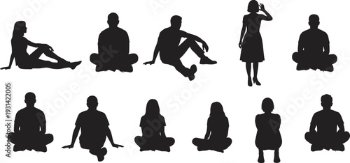 Black silhouettes of people in seated and standing poses, highlighting human posture, body language, relaxation, and gesture concepts for design, art, and communication studies.