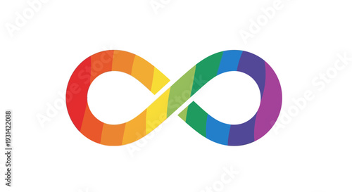 A colorful rainbow infinity symbol on a white background with vibrant LGBTQ+ pride flag colors.
