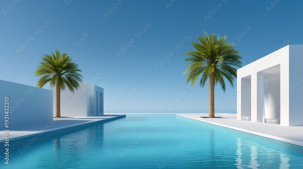 Fototapeta premium Modern minimalist architecture featuring swimming pool and palm trees under clear blue sky in serene coastal setting for summer relaxation