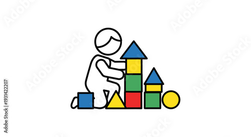 A simple line drawing of a person building a colorful block tower on a plain white background with a playful mood.