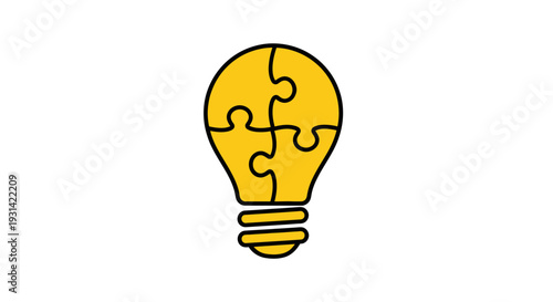 A minimalist line-art illustration of a yellow light bulb with puzzle pieces inside on a white background.