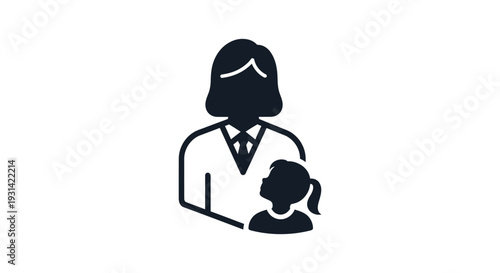 A simple black silhouette icon of a doctor or nurse with a child against a clean white background.