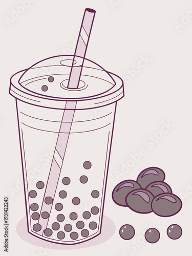 Bubble Tea Drink with Tapioca Pearls and Straw.
