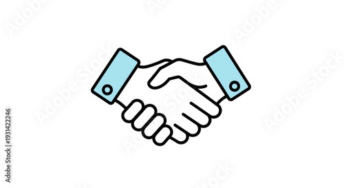 A line drawing of two hands shaking with blue cuffs on a white background, symbolizing business partnership and agreement.