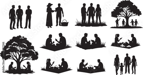 Black silhouettes of people in outdoor park scenes, including family picnics, social gatherings, walking, and relaxing under trees, representing leisure, nature, and togetherness concepts.