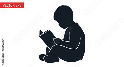 A black silhouette of a child sitting cross-legged reading a book on a plain white background with a red VECTOR EPS label.