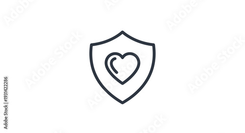 A simple black line art icon of a shield with a heart inside on a white background.