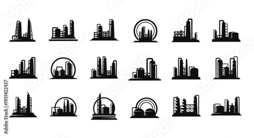Collection of industrial factory building silhouettes for design.