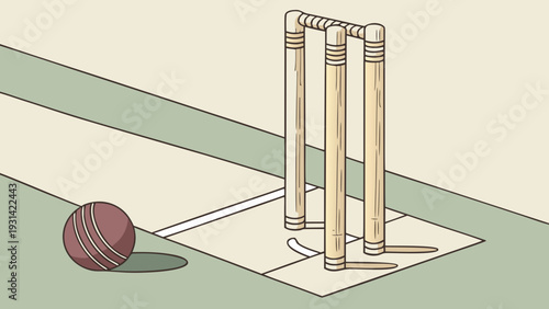 Cricket Wickets and Ball on Pitch Illustration.